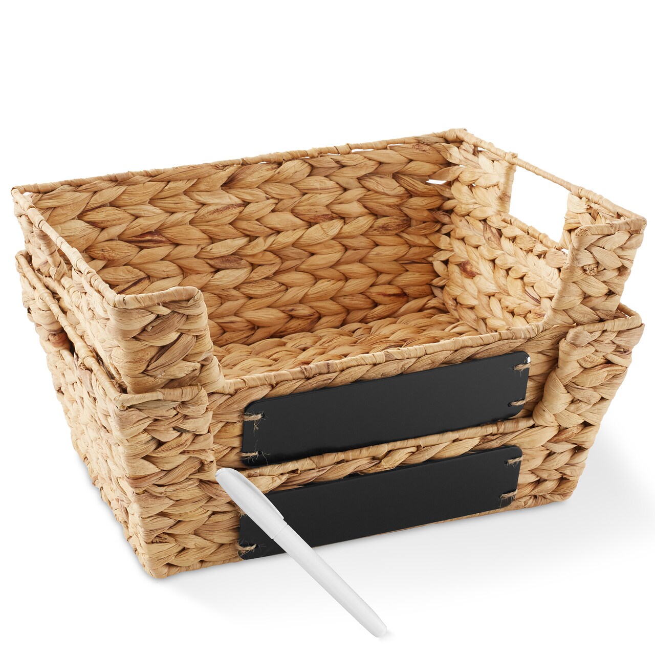 Casafield Set of 2 Water Hyacinth Seagrass Pantry Baskets with Handles, Chalkboard Labels, and Marker, Wide Woven Storage Bin Organizers for Kitchen